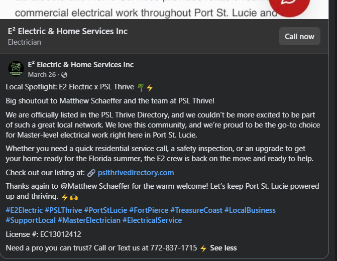 E² Electric & Home Services Inc sharing their PSL Thrive Directory listing on social media